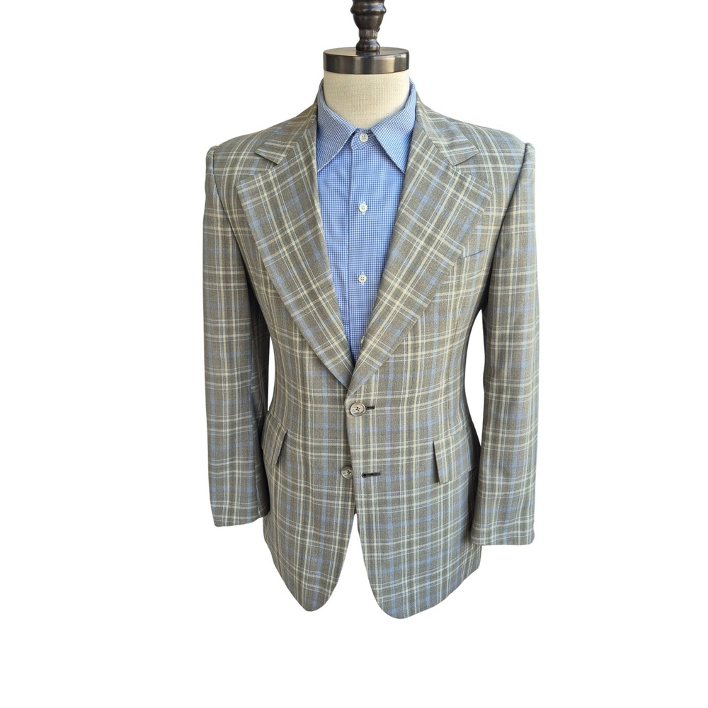 Hart Schaffner & Marx x Dior Mens Sport Coat Olive Blue Beige Plaid Sz 38 R VTG